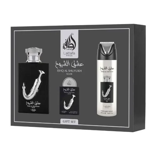 Presentación de Lattafa Ishq Al Shuyukh Silver Unisex Eau de Parfum (EDP) 3.4 oz / 100 ml
