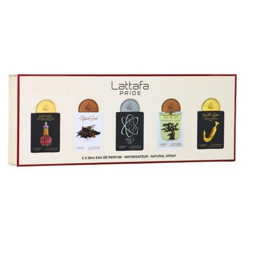 Presentación de SET LATTAFA PRIDE X0.67 OZ/20 ML ( 5 PC ) ARTISAN ETHNIQUE/ NATURAL OUD / THARWAH SILVER ...