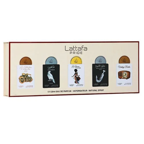 Presentación de SET LATTAFA PRIDE X0.67 OZ/20 ML ( 5 PC ) BIKE 1910 / SHAHEEN SILVER /AFRICAN DRUMM...