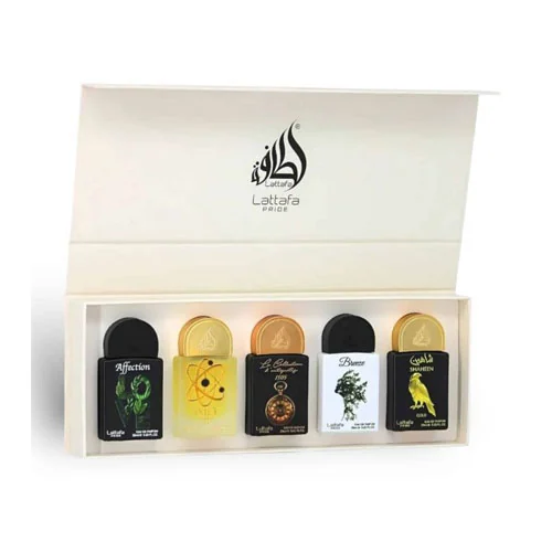Presentación de SET LATTAFA PRIDE X0.67 OZ/20 ML ( 5 PC )AFFECTION / THARWAH GOLD / WATCH1505 / BREEZE / S...