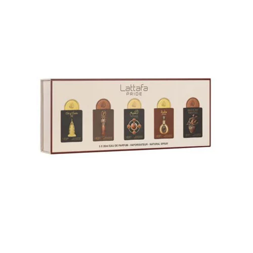 Presentación de SET LATTAFA PRIDE X0.67 OZ/20 ML ( 5 PC )ART OF ARABIA III/ AJWAA / AL QIAM GOLD / MASABR...